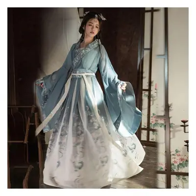 (blue, XL) Chinese Wei And Jin Dynasty Style Hanfu Daily Cross Collar Women&apos;s Suit