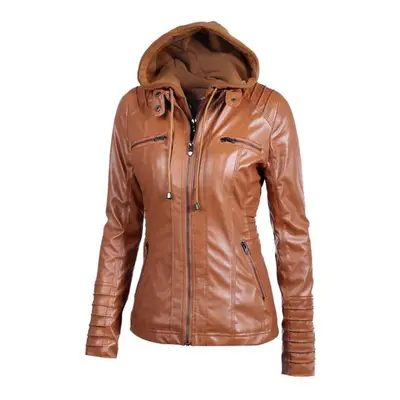 (brown, L) Leather Jacket Zipper Spliced Short Faux Leather Jackets Women Plus Size Jacket Women