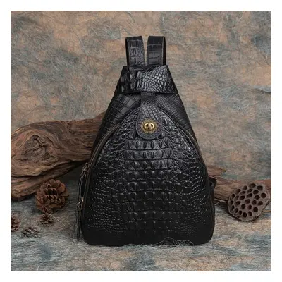 (black) Johnature Genuine Leather Retro Multipurpose Shoulder Bag Women Backpack Embossing Croco