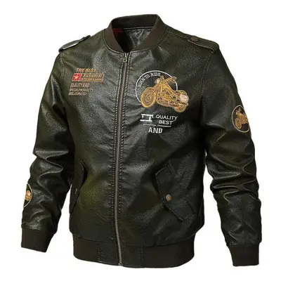 (green, XXL) Chiliday Male Leather Jacket Slim Fit Coat Men Stand Collar Jaqueta Pu Coats Biker 