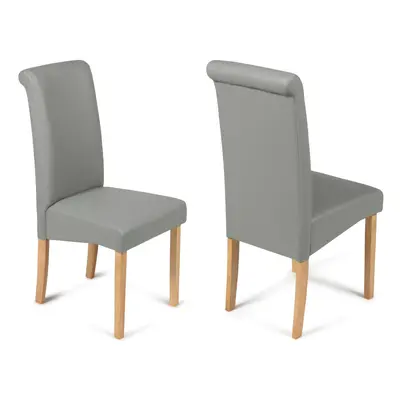 (Grey, 2) Roma Dining Chairs Faux Leather With Scroll Top & Light Oak Leg