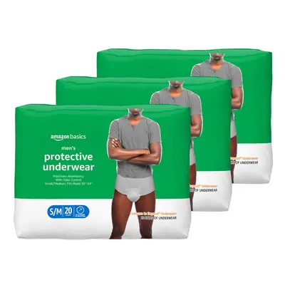 Amazon Basics Men's Protective Underwear Maximum Absorbency Small/Medium Count Packs of