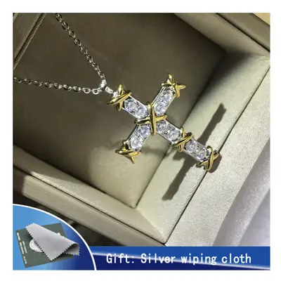 925 Sterling Silver Cross Necklace plated with 18K inlaid with zircon pop Party Gift