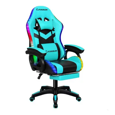 ELFORDSON Gaming Office Chair RGB LED Massage Computer Seat Footrest Cyan