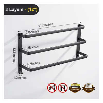 (3, 12Inches) Towel Hanger Wall Mounted CM Towel Rack Bathroom Aluminum Black Towel Bar