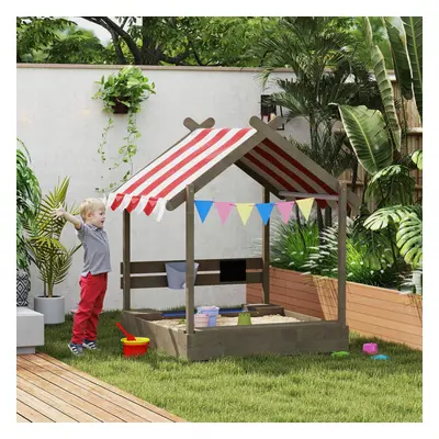 Outsunny Sand Pit with Canopy, Blackboard, Toys, Sink, Seats, Flags for Kids