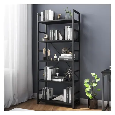 (5-Tier, Black) 5-Tier Tall Bookshelf, Steel Frame, Freestanding Shelf Unit for Living Room