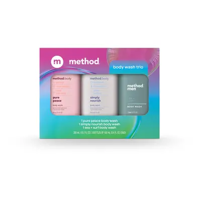 Method Body Wash Gift Set, Pure Peace, Simply Nourish and Sea + Surf, 3.4 oz Travel Size Bottles