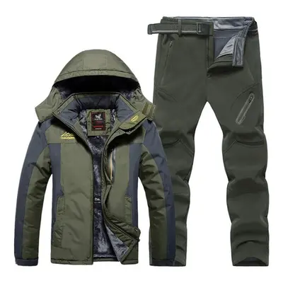 (army green, XXXL) Large Size Men&apos;s Autumn And Winter Waterproof Jackets And Pants Sets Fle