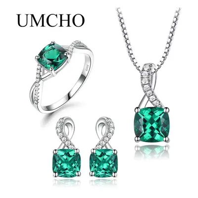 (emerald, 9) Umcho Gemstone Emerald Ring Pendant Stud Earrings Sterling Silver Jewelry Set