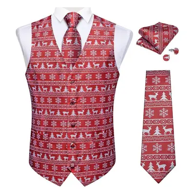 (as the picture, XXXL) Red Silver Christmas Men&apos;s Suit Vest Set Silk Tie Handkerchief Cuffl