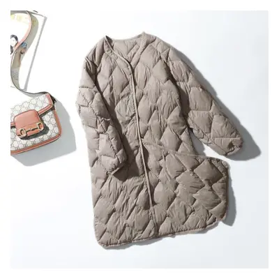 (khaki, L) Women Winter Ultra Light Thin Duck Down Coat Winter Long Slim Warm Basic Quilted Puff