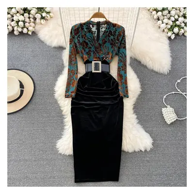 (green, L) Autumn New Style Of Celebrity Temperament V Neck Bronzing Printing High Waist Fold St