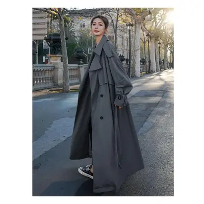 (grey, L) Autumn Korean Style Loose Oversized Women&apos;s Trench Coat Double-breasted Belted La