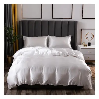 (white, 220*240cm) Luxury Satin Bed Sheets Imitation Silk Bedding Set Soft Duvet Cover Queen Kin