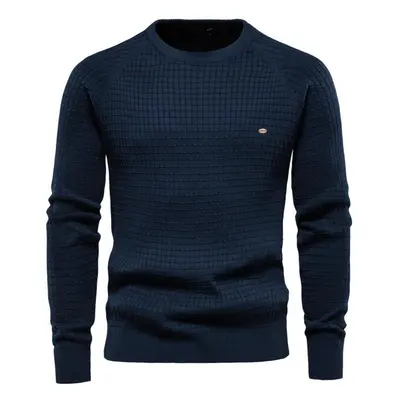 (navy, USA 50-60 kg) Aiopeson Cotton Men&apos;s Sweater New Winter Autumn Soild Plaid O-neck Pul