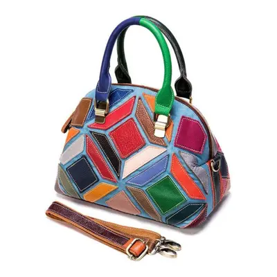 (multicolor) Genuine Leather Women Bag Color Stitching Soft Cowhide Handbag Large Capacity Shoul