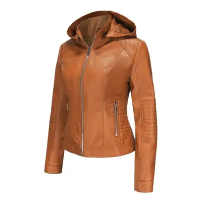 (camel, M) Women's Bomber Jackets Faux Leather Removable Hooded Short Coats Slim Pu Motorcycle B