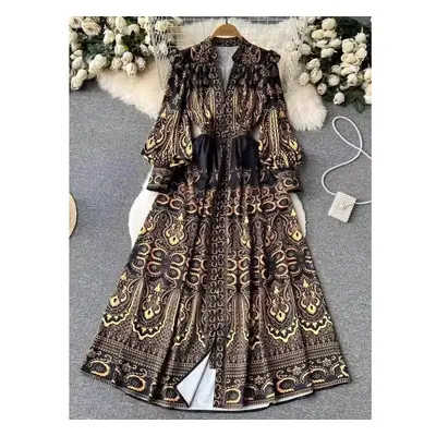 (black, M) Autumn Vintage Flower Maxi Dress Women&apos;s Lantern Long Sleeve V Neck Single-breas