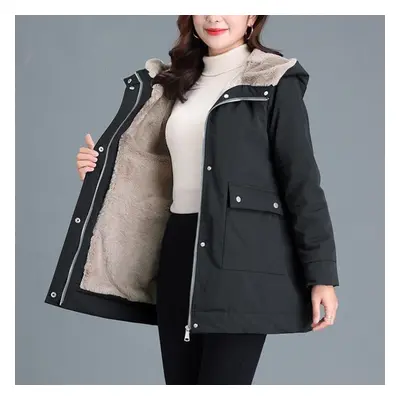 (black, 2XL) Winter Jacket Women Casual Warm Padded Coats Snow Wear Plush Parka Mid-length Loose