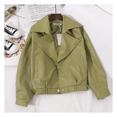 (army green, M) Loose Pu Leather Batwing Sleeve Vintage Leather Jacket Street Casual Outwear Lad