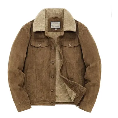 (khaki, L) Winter Corduroy Lapel Cotton Coat Short Velvet Thickened Jacket Men&apos;s Pure Cotto