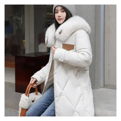 (white, XL) Autumn Long Sleeve Thickened Warm Down Coats Women Outwear Casual Office Lady Long O