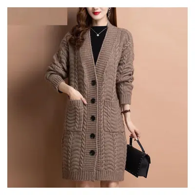 (coffee, L) Women&apos;s Autumn And Winter Loose Literary Medium-length Sweater Solid Color Lazy