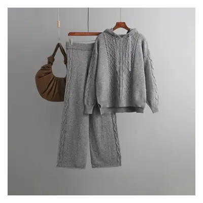 (gray, OneSize) Women Autumn Hooded Neck Solid Color Knitwear Wide Leg Pants Two Piece Set