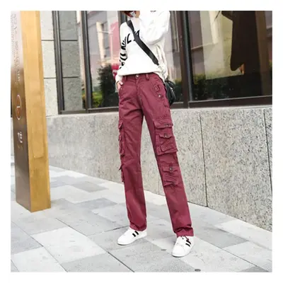 (dark red, 31) Women Straight Multi-pocket Cargo Pants Denim Overalls Ladies Fashion Workout Jog