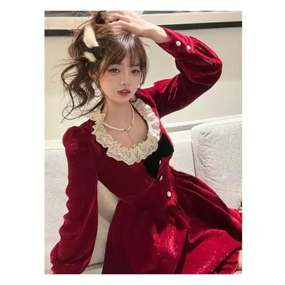 (red, L) Vintage Red Mini Dress Women Y2k Bow Lace Patchwork A Line Dresses Christmas Party Swee