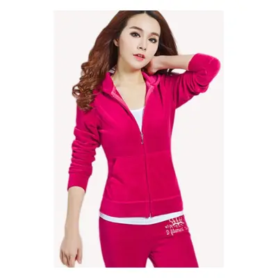 (rose red, L) Slim Velvet Tracksuit Women Hooded Zip Korean Casual Basic Two Piece Set Tops And 