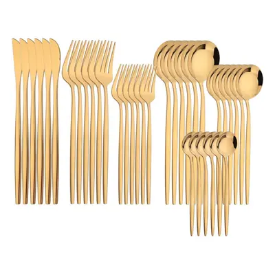 (gold) 36pcs Gold Dinnerware Cutlery Set Knife Dessert Fork Coffee Spoon Tableware Western Stain