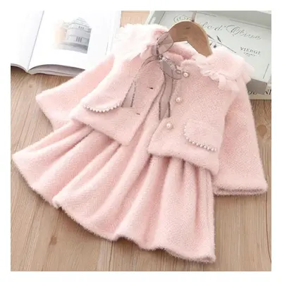 (pink, 130) Girls&apos; Pink Dress Suit Mink Coat+princess Dress Two-piece Set Keep Warm Sweet A