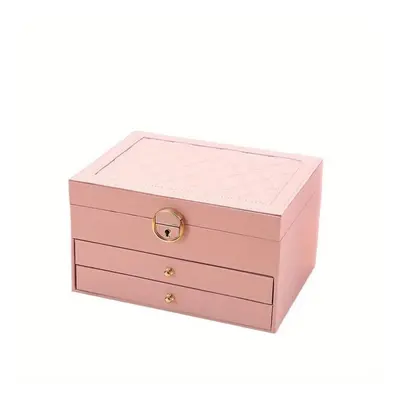 (pink, 9.06*6.69*5.31inch) 3-layer Drawer Type Jewelry Storage Box, Desktop Lockable Finishing S