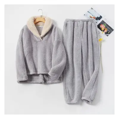 (grey, XL) Coral Fleece Pajamas Set Women Autumn Winter Flannel Sleepwear Suit Thickening Couple