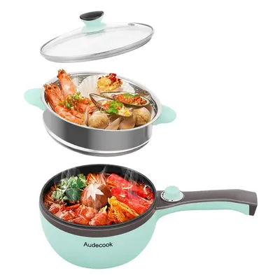 (A(green/1.5l With Steamer)) Electric hot pot, mini electric frying pan portable non-stick fryin