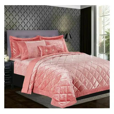 (Pink, Super King) Luxury Crushed Santiago Velvet Bedspread Quilted Comforter Bed Throw Bedding 