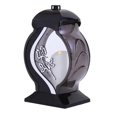 (Black With Silver Rose, Natural Candle) Large Memorial Grave Lantern Graveside Memorial Decor, 