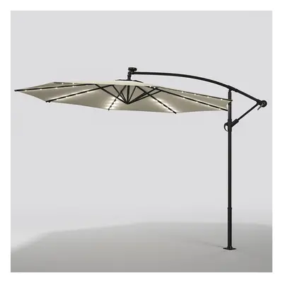 (Beige) 3m Garden Hanging Parasol Sun Shade Patio Banana Umbrella Cantilever with LED