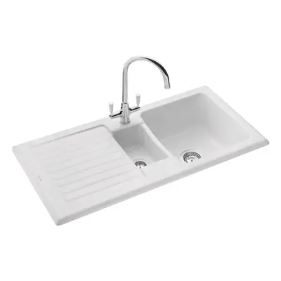 Rangemaster Rustic Kitchen Sink 1.5 Bowl White Ceramic Inset Reversible Waste