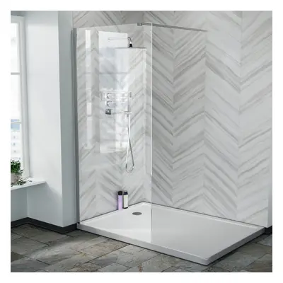 Samoa 900mm Wet Room Panel Tempered Glass & Chrome Support Bar ABS