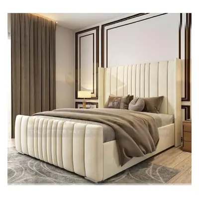 (Cream(without Mattress), 5FT King(without Gaslift)) Plush Velvet Wing Back Bed Frame With Ottom