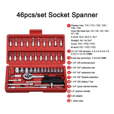 (red) 46pcs Socket Ratchet Car Repair Tool Wrench Set Head Ratchet Pawl Socket Spanner Screwdriv