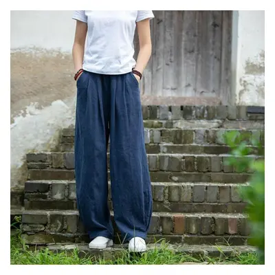 (navy blue, One Size) Johnature Women Loose Cotton Linen Casual Pants Solid Color Elastic Waist 