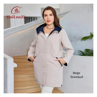 (beige, 5XL) Hailuozi Plus Size Women Clothing Double Layer Mid-long New Trench Coat High Qualit