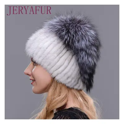 (as the picture) Woman Mink Fur Hat Winter Ski Hat Fox Fur Stitching Wool Hat