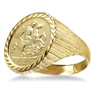 (X) Jewelco London Men's Solid 9ct Gold Ribbed Barked St George & Dragon Medallion Ring (Half So