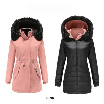 (pink, L) Autumn Winter Women Reversible Detachable Fur Collar Detachable Hat Quilted Warm Parka