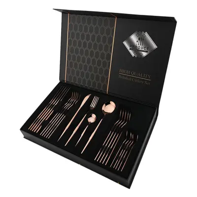 (rose, 24pcs with box) Luxury 24pcs Rose Gold Dinnerware Set Knife Fork Spoon Cutlery Set With G